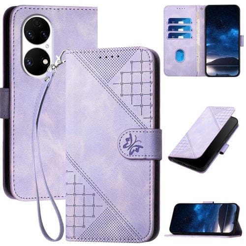 Funda de Cuero Huawei P50 con Diseño de Mariposa En Relieve y Cordón (Morado Claro)