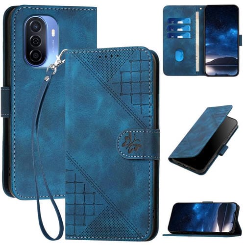 Funda de Cuero para Huawei Enjoy 50 Nova Y70 con Cordón Diseño Mariposas y Cuadrícula (Azul Oscuro)