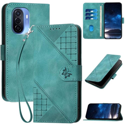 Funda de Cuero para Huawei Enjoy 50 y Nova Y70 con Mariposa en Relieve y Cordón (Azul Claro)