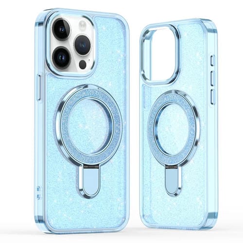 Funda para Teléfono Magsafe con Soporte de Anillo con Purpurina para iPhone 15 Pro (Azul)