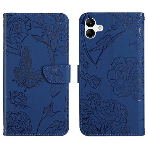 Funda de Cuero Samsung Galaxy A06 5G con Tapa y Diseño de Mariposas en Relieve (Azul)