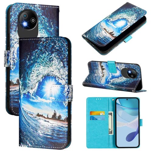 Funda de Cuero para ZTE Blade A35 Lite/A35 Core con Diseño de Dibujos y Tejido Liso (Ondas y Sol)