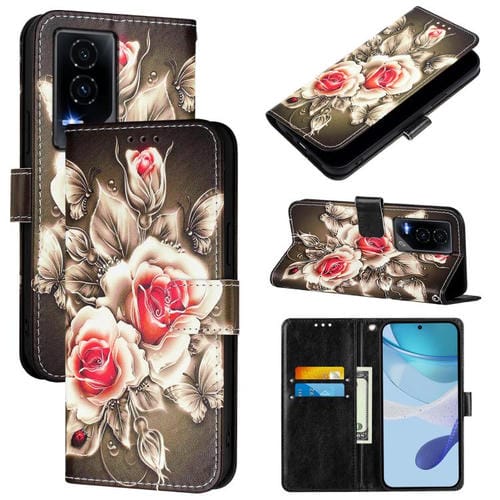 Funda de Cuero para Teléfono Honor GT con Diseño Dibujo Rosas sobre Negro