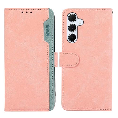 Funda de cuero magnética RFID con diseño de bloques de color ABEEL para Samsung Galaxy A17 5G (rosa-cian)