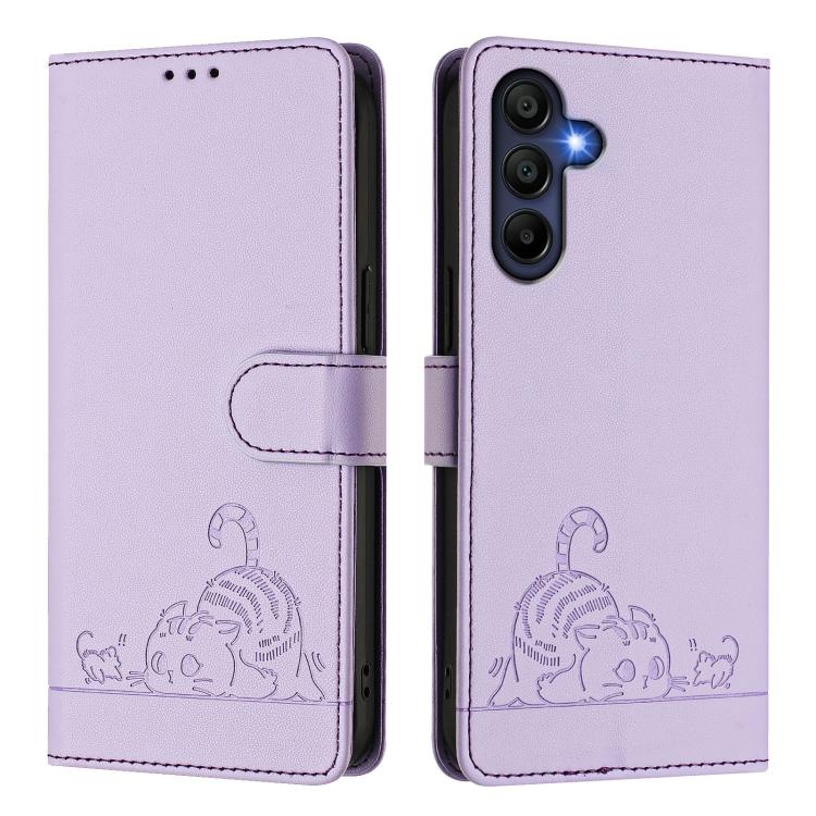 Funda de cuero RFID con estampado de gato y rata para Samsung Galaxy A17 5G, con cordón (morado)