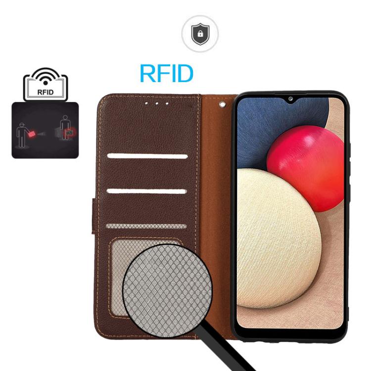 Funda de cuero con textura de lichi KHAZNEH RFID para Samsung Galaxy A17 5G (marrón)