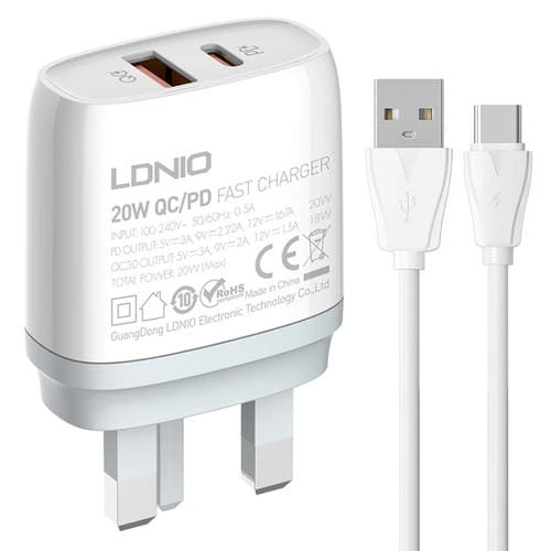 Cargador Rápido Ldnio Q229 QC3.0 PD20W con Cable USB A a Tipo C 1 m (Blanco) Enchufe Británico