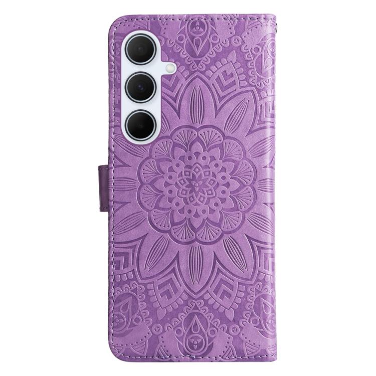 Funda de piel con estampado de girasoles para Samsung Galaxy A56 5G (morada)