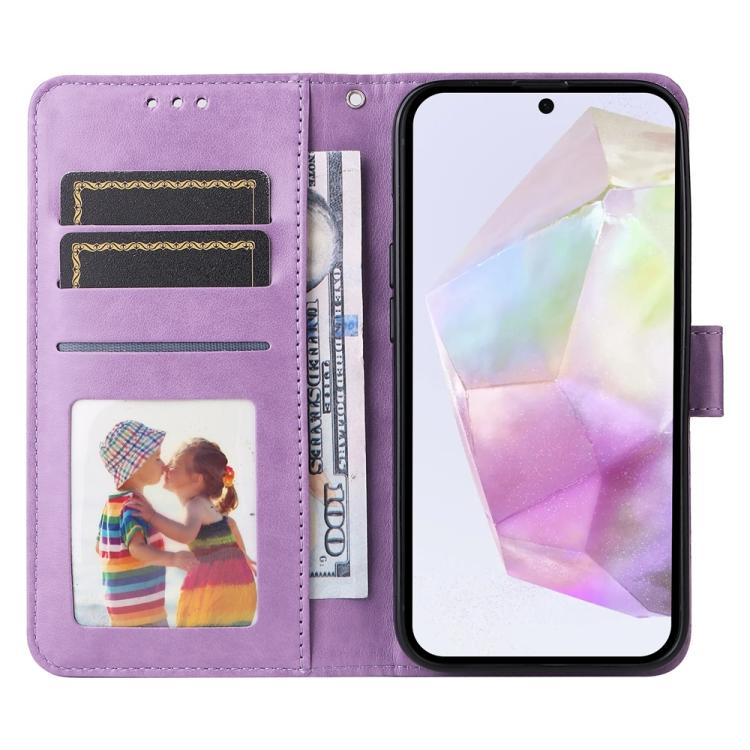 Funda de piel con estampado de girasoles para Samsung Galaxy A56 5G (morada)