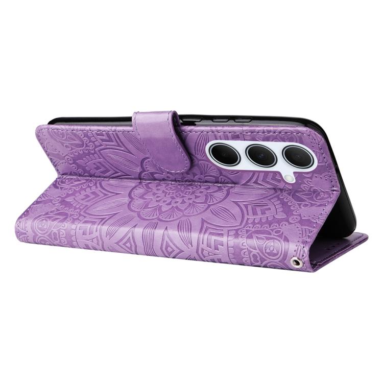 Funda de piel con estampado de girasoles para Samsung Galaxy A56 5G (morada)