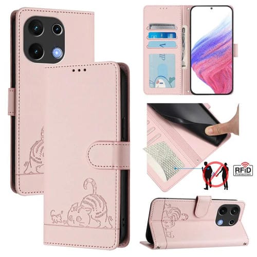Funda Cuero Rfid Umidigi Note 100 con Relieve Rata y Gato y Cordón (Rosa)