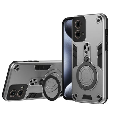 Funda híbrida TPU y PC con anillo metálico giratorio 360° para Motorola Moto G85 (Gris Plateado)