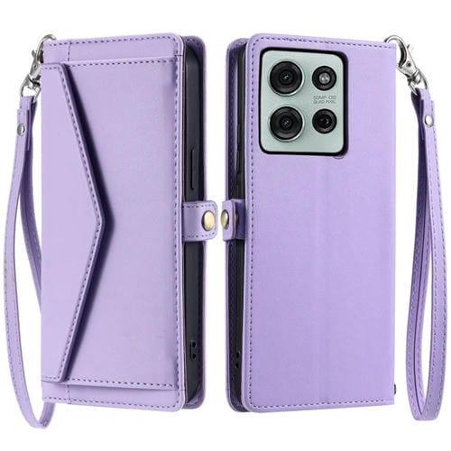 Funda de Cuero para Motorola Moto G75 5G con Ranura para Tarjetas y Cordón (Morado)