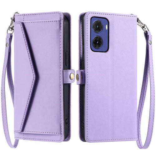 Funda de Cuero para Motorola Moto G05 con Ranura para Tarjetas y Cordón (Morado)