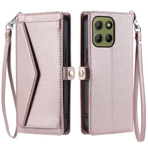 Funda de Cuero para Motorola Moto G15 con Ranura para Tarjetas y Cordón (Oro Rosa)