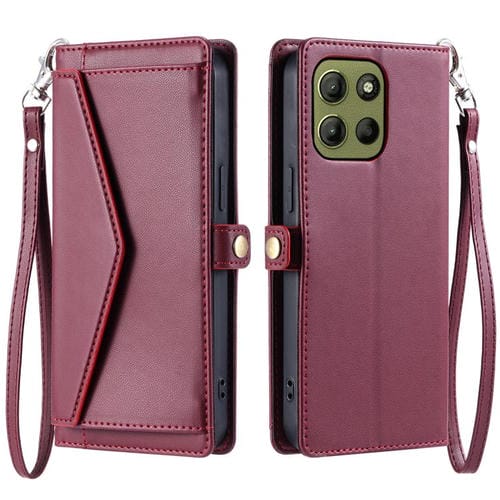 Funda de Cuero para Motorola Moto G15 con Ranura para Tarjetas y Cordón (Rojo Vino)