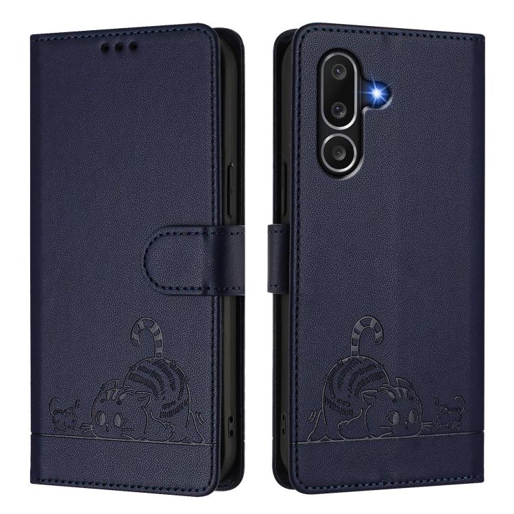Funda de cuero RFID con relieve de gato y rata para Samsung Galaxy M56 5G con cordón (azul)