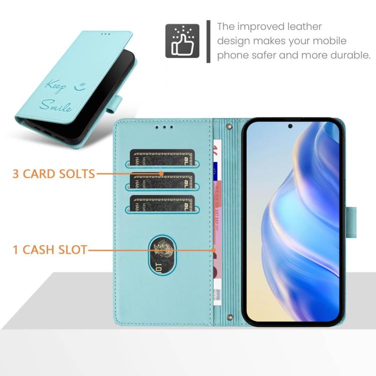 Funda de cuero RFID con relieve sonriente para Samsung Galaxy M56 5G (verde menta)