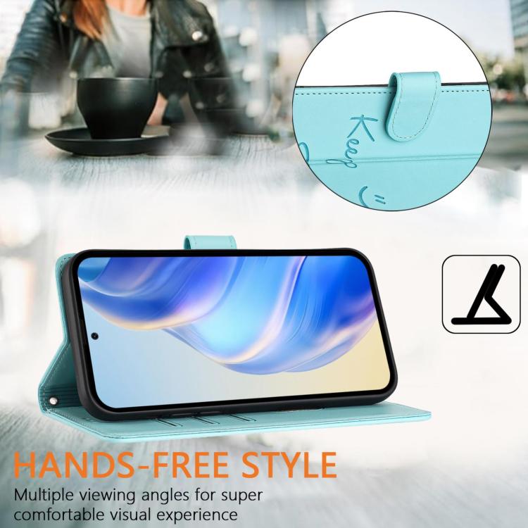 Funda de cuero RFID con relieve sonriente para Samsung Galaxy M56 5G (verde menta)