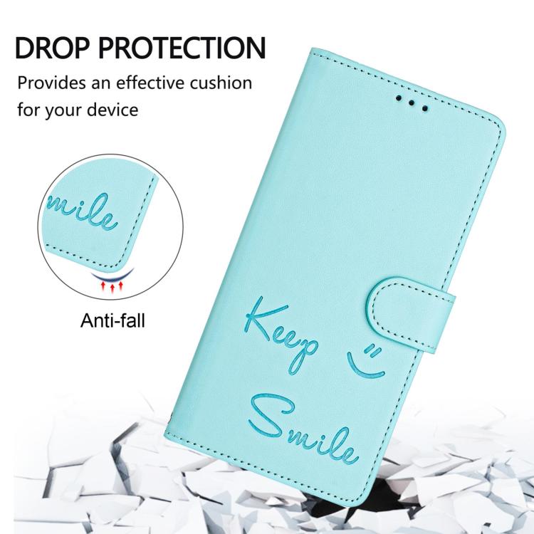 Funda de cuero RFID con relieve sonriente para Samsung Galaxy M56 5G (verde menta)