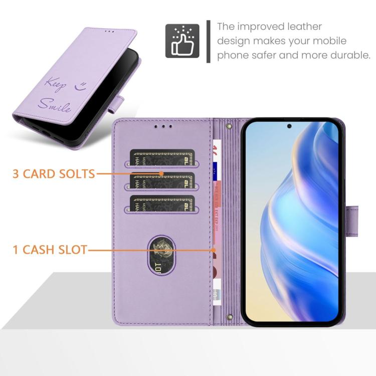 Funda de cuero RFID con relieve sonriente para Samsung Galaxy M56 5G (morado claro)