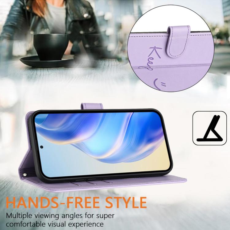 Funda de cuero RFID con relieve sonriente para Samsung Galaxy M56 5G (morado claro)