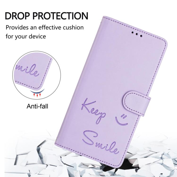 Funda de cuero RFID con relieve sonriente para Samsung Galaxy M56 5G (morado claro)