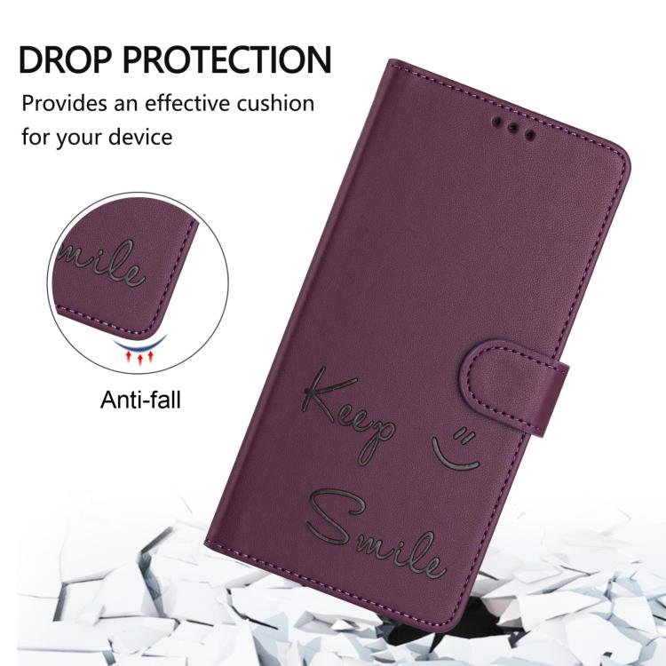 Funda de cuero RFID con relieve sonriente para Samsung Galaxy A07 4G (violeta)