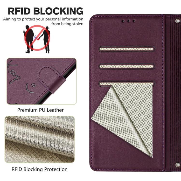 Funda de cuero RFID con relieve sonriente para Samsung Galaxy A07 4G (violeta)