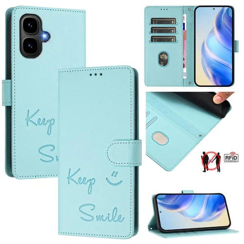 Funda de cuero RFID con relieve sonriente para Tecno Pop 10 / Infinix Smart 10 4G (verde menta)