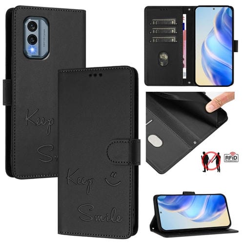 Funda de Cuero Rfid con Relieve Sonriente para Nokia X30 5G (Negra)