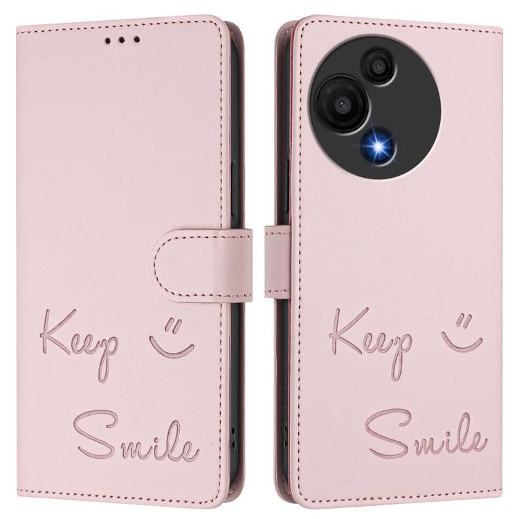 Funda de cuero RFID con relieve sonriente para TCL 605/60 SE (rosa)