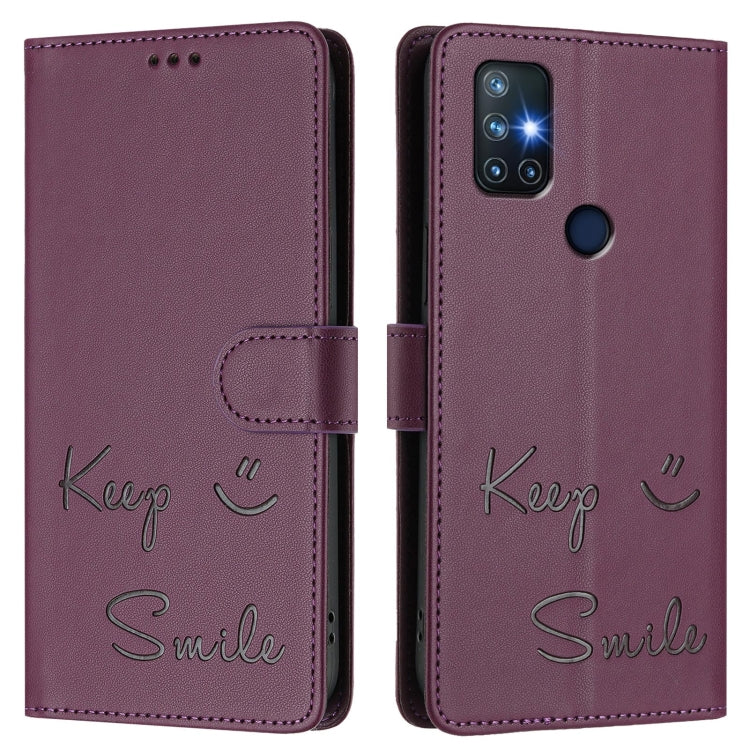 Funda de Cuero Rfid con Relieve Sonriente para OnePlus Nord N10 5G (Violeta)