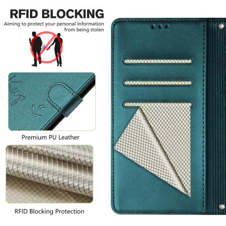 Funda de Cuero Rfid con Relieve Sonriente para OnePlus 13R Ace 5 Pro 5G (Verde Pavo Real)