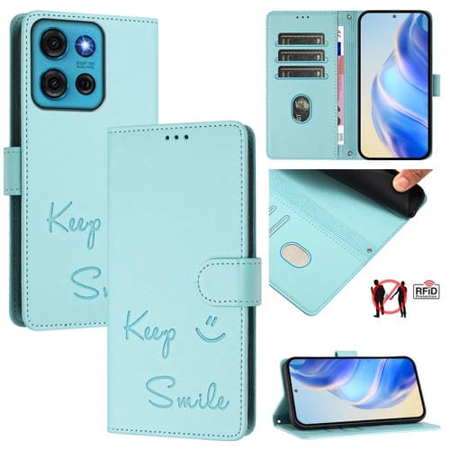 Funda de Cuero Rfid con Relieve Sonriente para Motorola Moto G75 5G (Verde Menta)