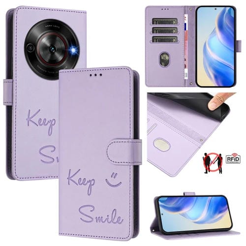 Funda de Cuero Rfid con Relieve Sonriente para ZTE Blade A75 5G (Morado Claro)