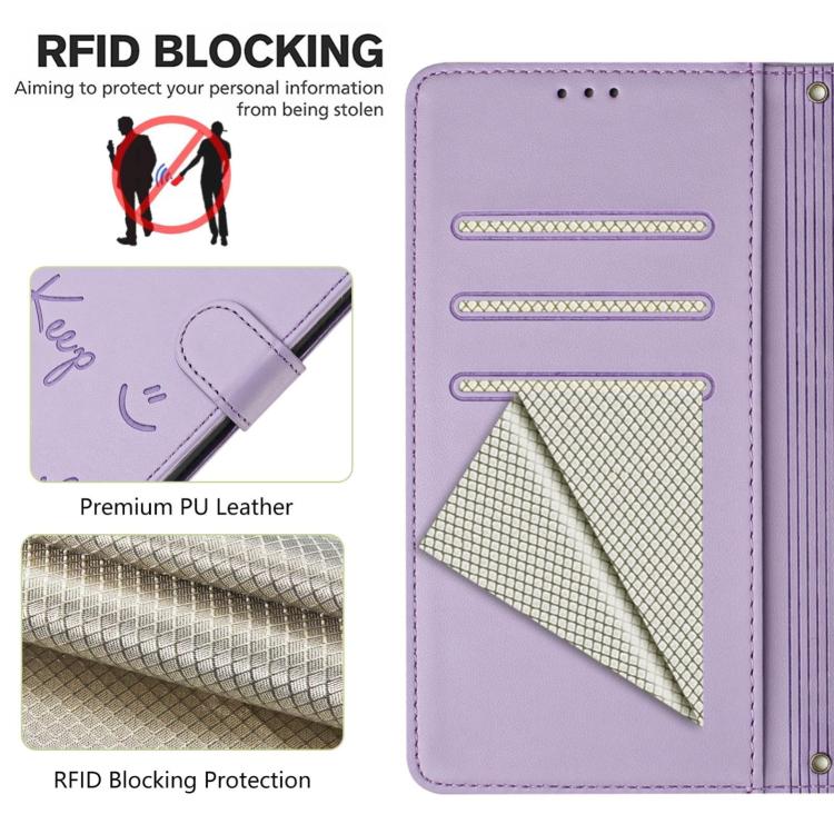 Funda de cuero RFID con relieve sonriente para Xiaomi 15S Pro 5G (morado claro)