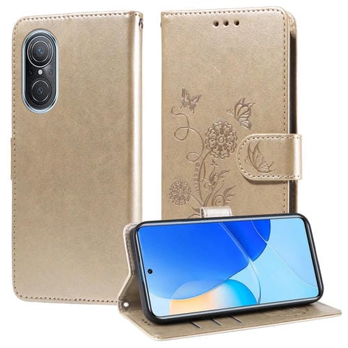 Funda de Cuero con Diseño de Mariposas y Flores en Relieve para Honor 50 Se Huawei Nova 9 Se (Dorada)