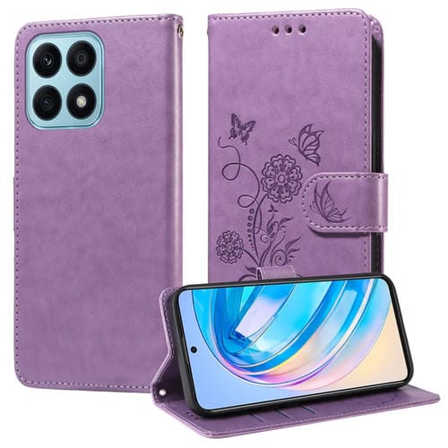 Funda de Cuero para Honor X8A 4G con Diseño de Mariposas y Flores en Relieve (Morado)