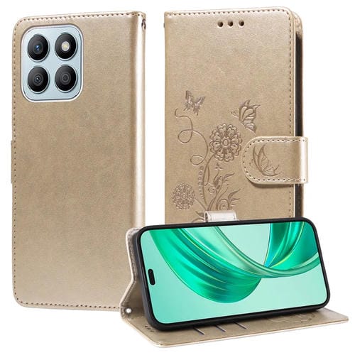Funda de Cuero Honor X8B con Diseño de Mariposas y Flores en Relieve (Dorada)