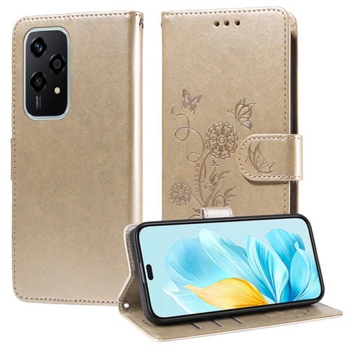 Funda de Cuero Honor 200 Lite con Diseño de Mariposas y Flores en Relieve (Dorada)