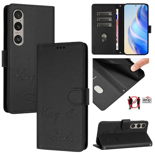 Funda de Cuero Rfid con Relieve Sonriente para Sony Xperia 1 Vi (Negra)