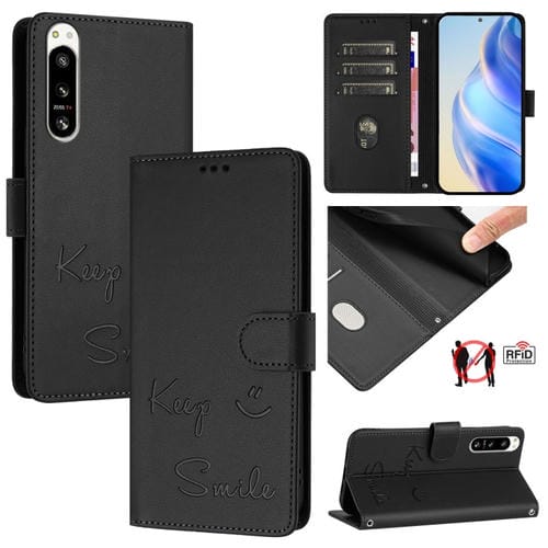 Funda de Cuero Rfid con Relieve Sonriente para Sony Xperia 5 Iv (Negra)