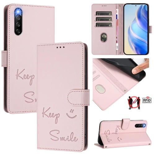 Funda de Cuero Rfid con Relieve Sonriente para Sony Xperia 10 Iv (Rosa)