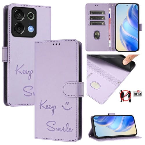 Funda de Cuero Rfid con Relieve Sonriente para Teléfono Umidigi G9 5G (Morado Claro)