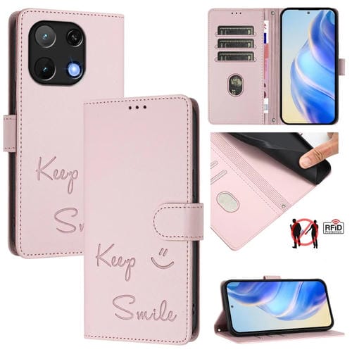 Funda de Cuero Rfid con Relieve Sonriente para Umidigi Note 90 (Rosa)