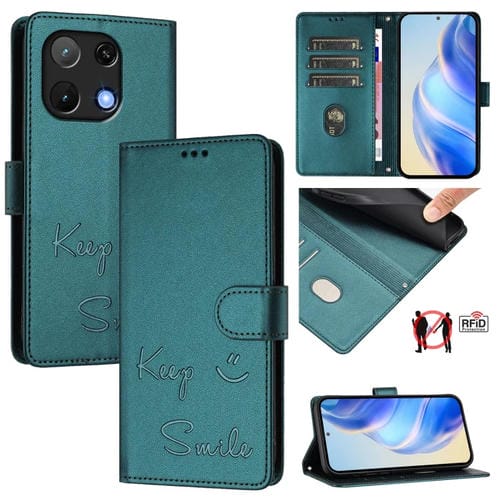 Funda de Cuero Rfid con Relieve Sonriente para Umidigi Note 90 (Verde Pavo Real)