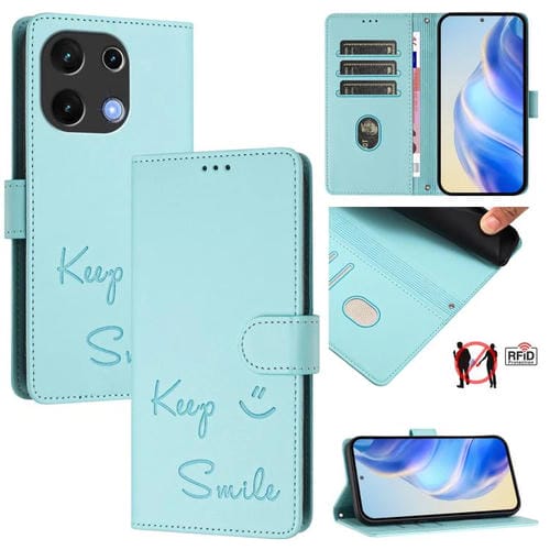 Funda de Cuero Rfid con Relieve Sonriente para Umidigi Note 100 (Verde Menta)