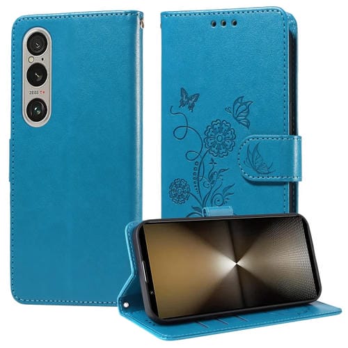 Funda de Cuero Sony Xperia 1 Vi Diseño Mariposas y Flores En Relieve (Azul)