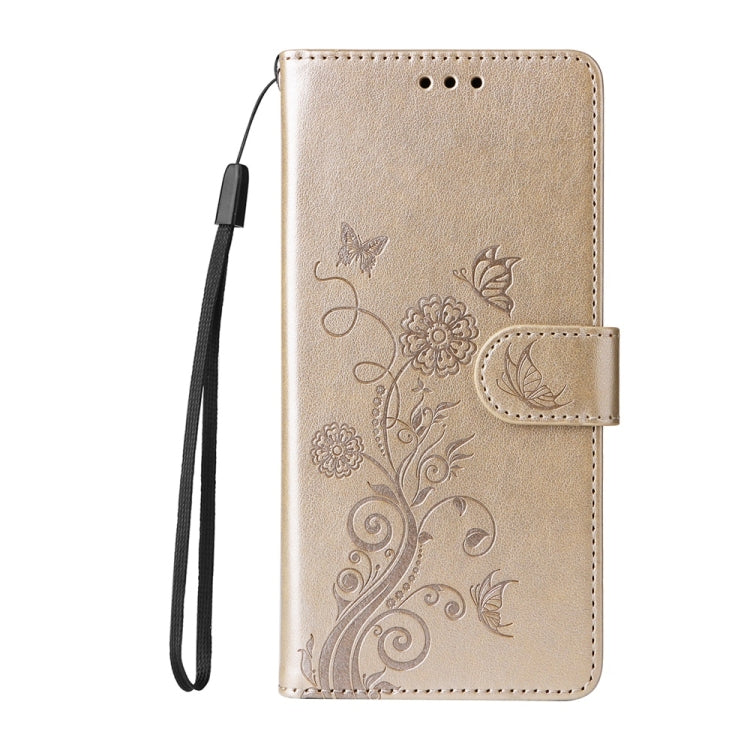 Funda de Cuero OnePlus 13 con Diseño de Mariposas y Flores en Relieve (Dorada)
